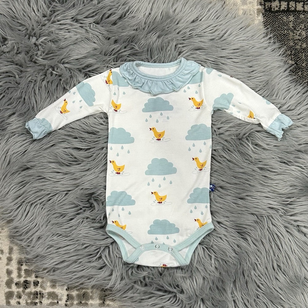 Kickee Pants‎ Bamboo Natural Puddle Duck Print Ruffled Bodysuit Size 3-6 Month